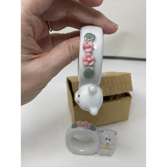 24 White Porcelain Teddy Bear Pink Roses Napkin Rings NEW in Box Set - Picture 11 of 15